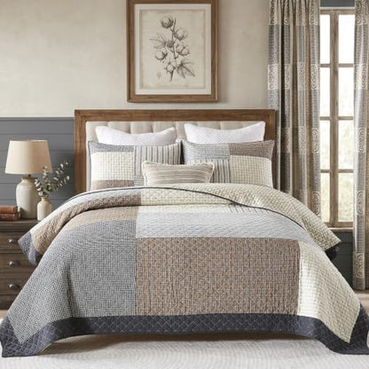 Quilta 100% Cotton Quilt Set, Real Patchwork Plaid Quilts/Brown/Gray/Beige