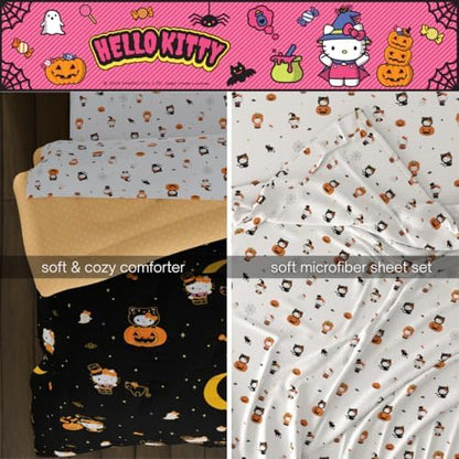 Sanrio Hello Kitty Halloween Pumpkin Queen Bed Set – Super Soft & Cozy 5 Piece Reversible Comforter and Sheet Set (Officially Licensed Product) by Franco