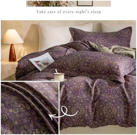 VM VOUGEMARKET Full Duvet Cover Set Purple Green Floral Pattern,3 Pieces Reversible Boho Medallion Jacquard Flower Bedding Set,Linen Cotton Yarn-Dyed Textured Duvet Cover with Zipper Closure