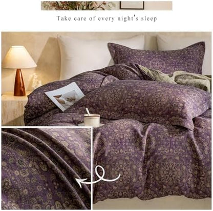 VM VOUGEMARKET Full Duvet Cover Set Purple Green Floral Pattern,3 Pieces Reversible Boho Medallion Jacquard Flower Bedding Set,Linen Cotton Yarn-Dyed Textured Duvet Cover with Zipper Closure
