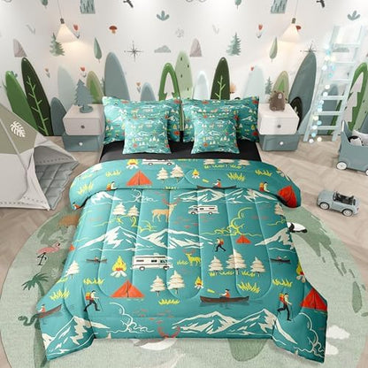 Erosebridal Kids Camping 7 Piece Comforter Set Twin Bed in a Bag,Farmhouse Camper Car Bedding Set,Deer Wild Animals Bed Sheets,Mountain Adventure Sheet Set,Firemen Woodland Duvet Insert,Green