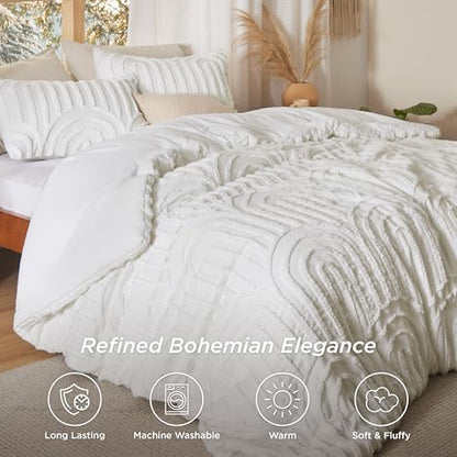 Bedsure Boho Tufted White Comforter Full Size, GentleSoft™ 3 Pieces Boho Farmhouse-Style Decor Bedding, Arch Bedding for All Seasons, 1 Bed Comforter, 2 Pillow Shams, 82x86 Inches