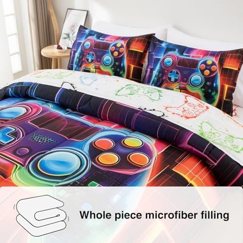 A Nice Night Boys Queen Size 5-Piece Game Console Comforter Set, for Kids Teen 3D Colorful Background Colorful Universe Gamepad Gaming Printed Matching Sheet Sets Black-Red