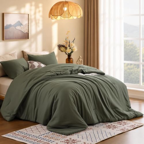 ROSGONIA King Size Comforter Set, Olive Dark Green, 3pcs Soft Bedding Quilt