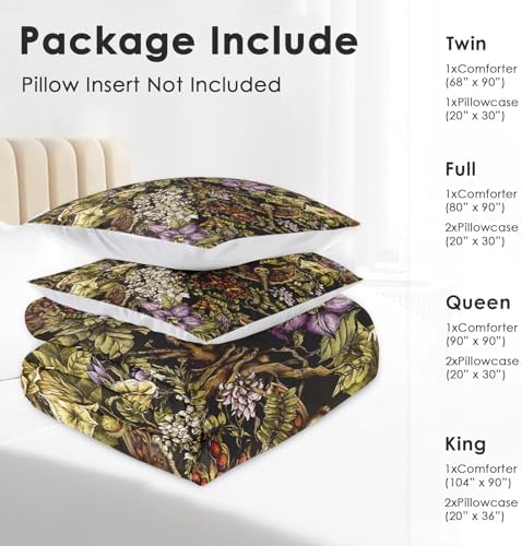 Pamnest Comforter Set Full Size, Vintage Flower Plants Soft 3 Pcs Bedding for Kids and Adults, Skull Moth Witch Comforter Set with 2 Pillowcases, for Bedroom Bed Decor
