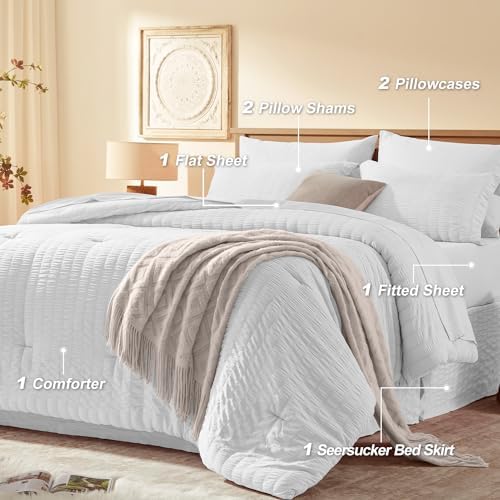 Laojin Balhen Full Size Comforter Sets 7 Pieces, White Seersucker Bed in a Bag Set Full Size, All Season Luxury Bedding Sets with Comforter, Sheets, Pillowcase & Sham