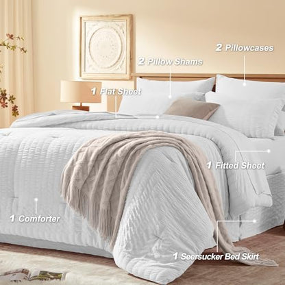 Laojin Balhen Full Size Comforter Sets 7 Pieces, White Seersucker Bed in a Bag Set Full Size, All Season Luxury Bedding Sets with Comforter, Sheets, Pillowcase & Sham