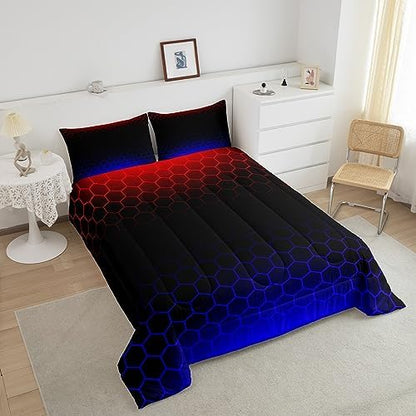 Red Blue Ombre Hexagon Comforter Full Size, Honeycomb Bedding Set Geometrics Hexagon Comforter Set for Kids Boys Girls Abstract Red and Black Duvet Set Bed Set 3Pcs