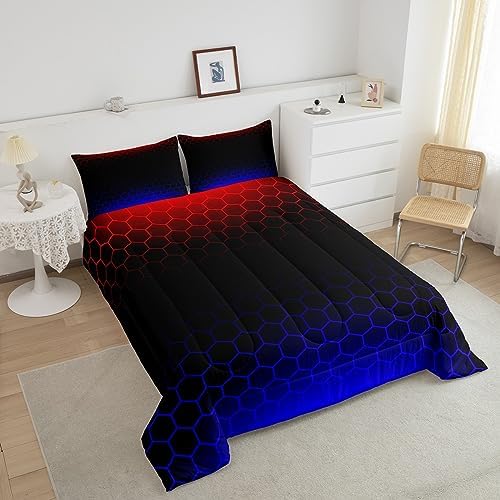 Feelyou Red Blue Ombre Hexagon Comforter Twin Size, Honeycomb Bedding Set Geometrics Hexagon Comforter Set for Kids Boys Girls Abstract Red and Black Duvet Set Bed Set 2Pcs
