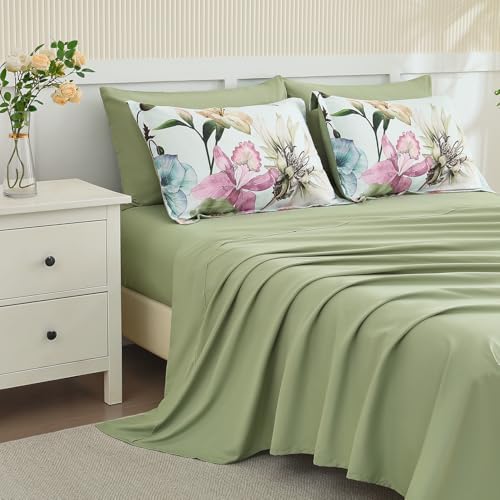Yogeneg King Size Comforter Set 7 Piece Bed in a Bag,Elegant Floral Botanical Pattern Green Bedding Set,Soft Microfiber Comforter with Sheet Set,All Season Bed Set(Green Floral,King)