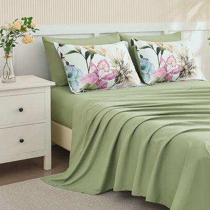 Yogeneg King Size Comforter Set 7 Piece Bed in a Bag,Elegant Floral Botanical Pattern Green Bedding Set,Soft Microfiber Comforter with Sheet Set,All Season Bed Set(Green Floral,King)