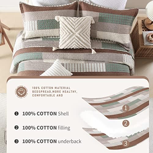 Finlonte Quilt Queen Size 100% Cotton Queen Size Quilts Brown Green Beige Bedspreads Plaid Quilts Lightweight Soft Breathable Bedding Sets for All Season, 3 Piece