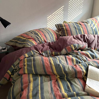 mixinni Vintage Striped Duvet Cover Set Twin Size - 3 Piece 100% Washed Cotton Bedding Set, Soft & Breathable, Colorful Striped Pattern Printed Comforter Cover for All Seasons