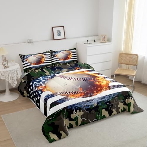 American Flag Comforter Set, Baseball Bedding Set Full For Kids Boys Teens Bedroom Decor, Camouflage Down Comforter Usa Federations Stars Sports Games Quilted Duvet With 2 Pillow Cases, Red Black