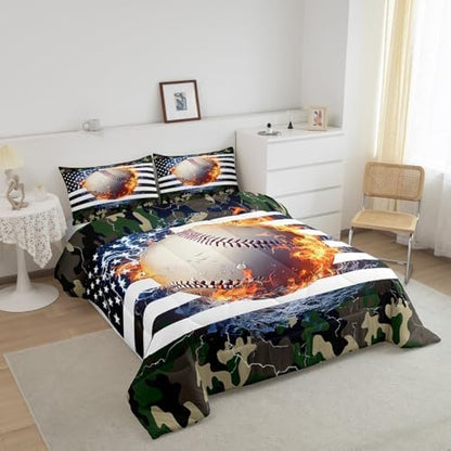 American Flag Comforter Set, Baseball Bedding Set Full For Kids Boys Teens Bedroom Decor, Camouflage Down Comforter Usa Federations Stars Sports Games Quilted Duvet With 2 Pillow Cases, Red Black