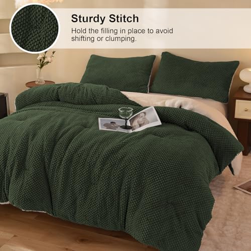 LLanCL 3D Jacquard Design Comforter Set, Ultra-Soft Warm Twin Size Sherpa Fur Plush 2-Pieces Sets Luxury Cozy Bedding with 1 Pillowcase (68"x90", Dark Green)