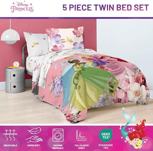 Disney Princess Twin Comforter Set 5 Piece Bedding for Girls, Pink