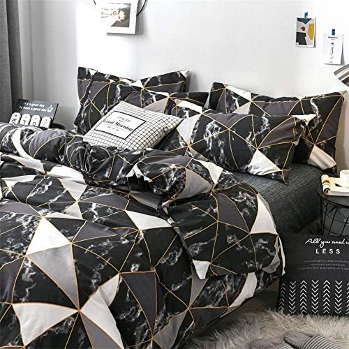 CLOTHKNOW Black White Marble King Size Comforter Set 3Pcs Triangle Plaid Bedding Sets All Season Geometric Comforter