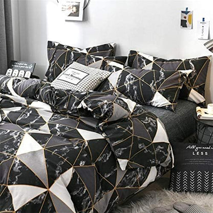 CLOTHKNOW Black White Marble King Size Comforter Set 3Pcs Triangle Plaid Bedding Sets All Season Geometric Comforter