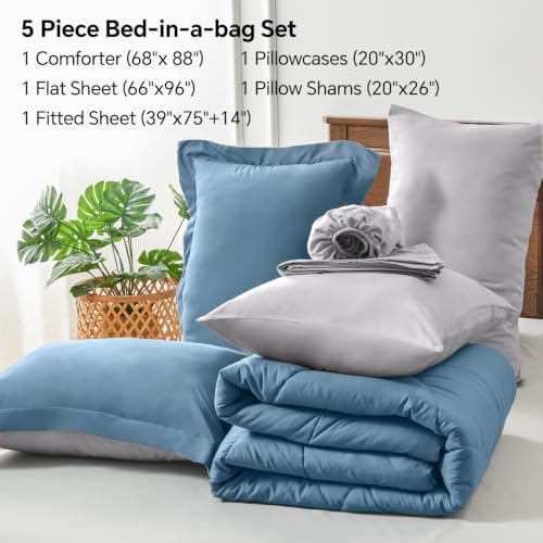 BEDELITE Twin Comforter Set 5 Pieces, Reversible Blue Bed in A Bag