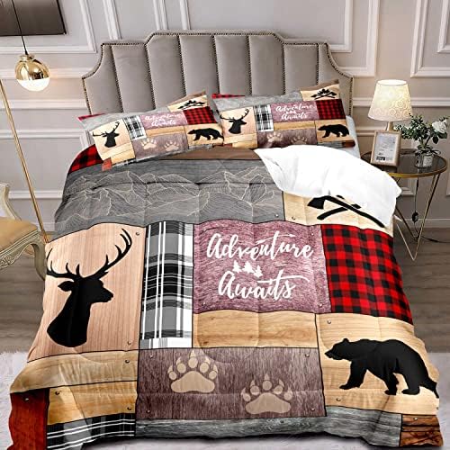 LUVIVIHOME 3PCS Rustic Cabin Comforter Set Queen Size, Farmhouse Bedding, Black Bear Deer Elk Moose Forest Animal Wildlife Hunting Country Brown Patchwork White Red Plaid Lodge Quilt, 2 Pillow Shams