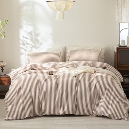 FOSSA Striped Duvet Cover Set 100% Washed Cotton Linen Feel Super King Plus