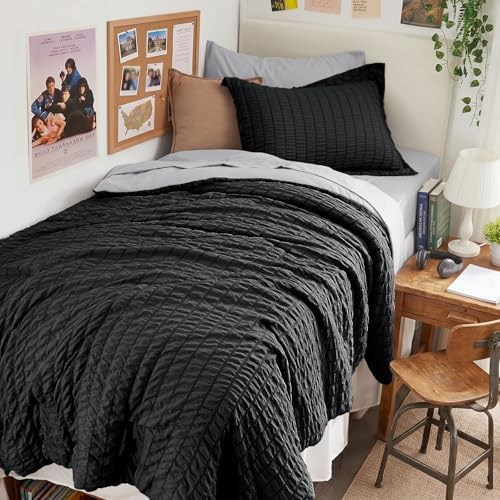 HYMOKEGE Black/Light Grey Twin XL Comforter Set Seersucker 5 Pieces, All Season Luxury Bed in a Bag for Bedroom, Bedding Set with Comforter, Sheets, Pillowcase & Sham