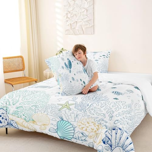 Castle Fairy Sea Turtle Comforter Set Full Size Ocean Coral Shell Starfish Bedding Set 3pcs,Sealife for Kids Boys Girls Room Decor,Blue Sketch Line Piece All Season with 2 Pillowcases