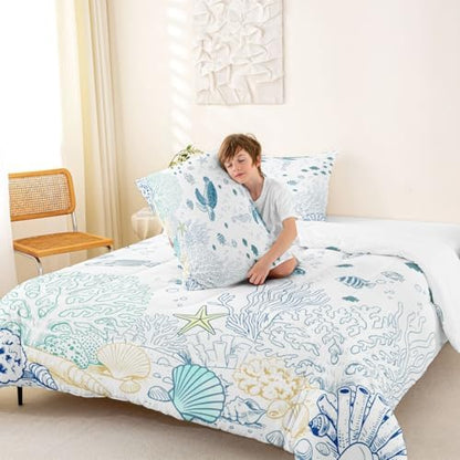 Castle Fairy Sea Turtle Comforter Set Full Size Ocean Coral Shell Starfish Bedding Set 3pcs,Sealife for Kids Boys Girls Room Decor,Blue Sketch Line Piece All Season with 2 Pillowcases