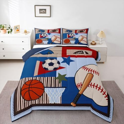 Blue Plaid Balls Boys Comforter Set Twin Size,Cartoon Baseball Basketball Bedding Set 2pcs for Kids Teens Room Decor,Geometric Patchwork Grid Quilt Set Sports Gaming Duvet Insert,1 Pillowcase