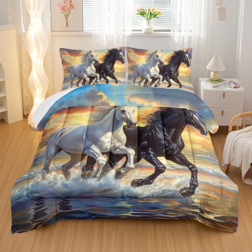 Nttopship Horse Comforter Set Queen Size 3 Pcs,Horses Animal 3 Pcs Bedding for Adults, Horse Theme Bedding Set,3D Wild Animal Room Decor with 2 Pillowcases