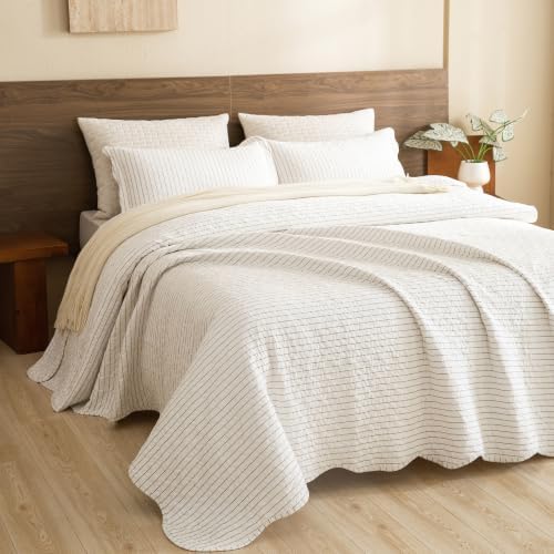 Lady Ann 100% Cotton Full Size Quilt, Dark Grey White Classic Striped Pattern Quilted Bedspread Soft & Lightweight Coverlet, 3 Piece Scalloped Edge Full Bedding Set for All Season