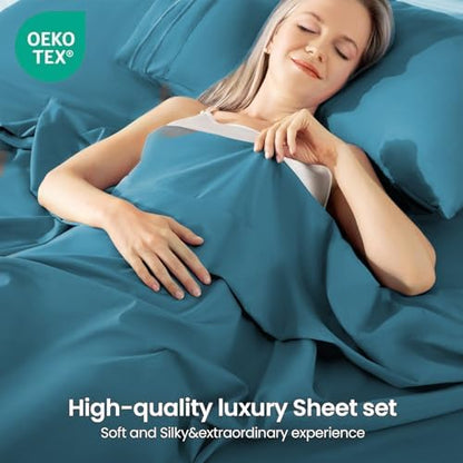 ROSE&RISY Denim Blue King Sheet Set, 4 Pcs Soft Bedding King Sheet Set, Breathable and Cooling,Includes 1 Fitted Sheet, 1 Flat Sheet, 2 Pillowcases - Deep Pocket (Denim Blue, King)