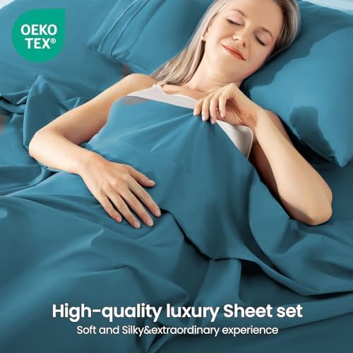 ROSE&RISY Denim Blue Queen Sheet Set, 4 Pcs Soft Bedding Queen Sheet Set, Breathable and Cooling Sheet Bed Set, Includes 1 Fitted Sheet, 1 Flat Sheet, 2 Pillowcases - Deep Pocket (Denim Blue, Queen)