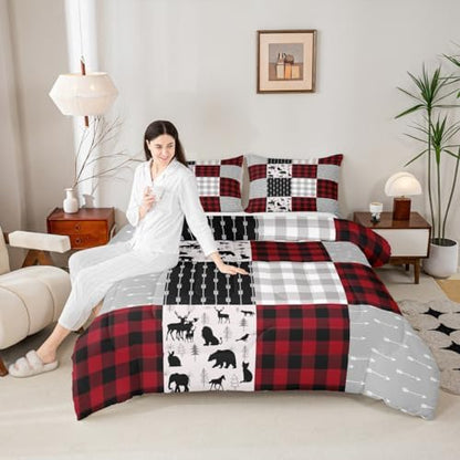 Buffalo Plaid Bedding Set For Boys Girls, Woodland Moose Duvet Sets Vintage Deer Bear Comforter Set Queen, Buffalo Plaid Farm Animal Quilted Duvet Rustic Patchwork Down Comforter, Red Black Grey