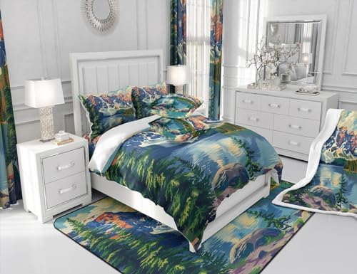 Lake House Comforter Set Full Size,Camping Adventure Theme Duvet Insert 3Pcs,Mountain Lake Woodland Nature Bedding Set for Kids Teens Adults Room Decor,Fishing and Hunting Quilt Set,2 Pillowcases
