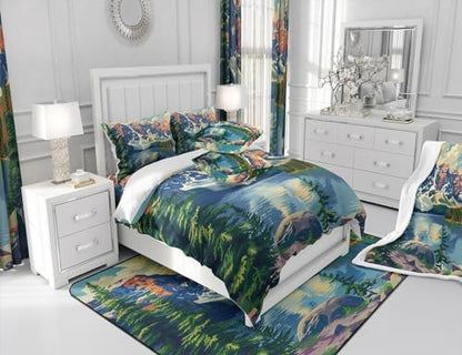 Lake House Comforter Set Full Size,Camping Adventure Theme Duvet Insert 3Pcs,Mountain Lake Woodland Nature Bedding Set for Kids Teens Adults Room Decor,Fishing and Hunting Quilt Set,2 Pillowcases