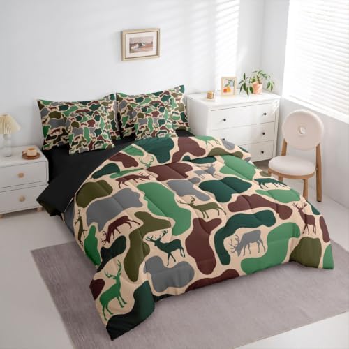 Erosebridal Camo Full Comforter Set with Sheets 7 Piece Deer Hunting Bed in A Bag Army Green Military Camouflage Bedding Sets for Kids Boys Girls Rustic Country Wildlife Bed Set