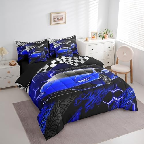 Feelyou Racing Car Bed Set for Kids Boys Girls Full Size Speed Sports Car 7 Pieces Beeding Set Teen Adult Soft Extreme Sports Bed in a Bag with Comforter, Sheets, Pillowcases Honeycomb Pattern