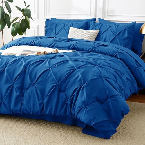 CozyLux Queen Comforter Set Classic Blue, 7 Pieces Pintuck Bed in a Bag