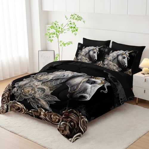 7 Piece Queen Size Horse Comforter Set with Sheets，Queen Horse Bedding Sets for Girls，(1 Comforter, 1 Flat Sheet, 1 Fitted Sheet, 2 Pillowcase and 2 Pillow Sham)