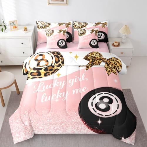 Funky Lucky 8 Ball 7 Piece Comforter Set King Size Bow Bedding Set For Girls Preppy Leopard Print Bowknot Bed In A Bag Coquette Room Decor,Fashion Trendy Y2K Bed Set,Pink Aesthetic Glitter Print