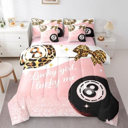Funky Lucky 8 Ball 7 Piece Comforter Set Twin Size Bow Bedding Set For Girls Preppy Leopard Print Bowknot Bed In A Bag Coquette Room Decor,Fashion Trendy Y2K Bed Set,Pink Aesthetic Glitter Print