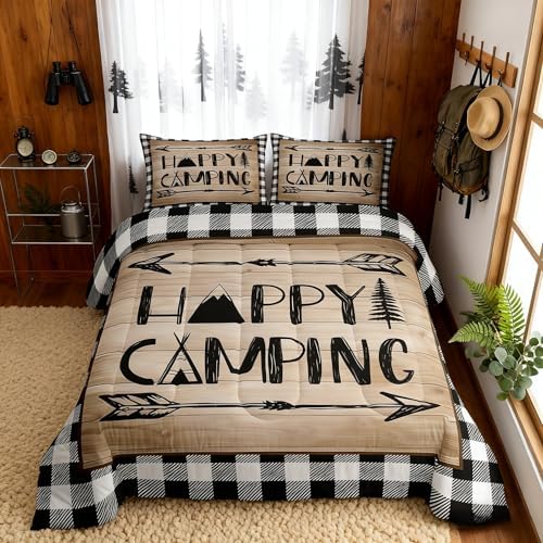 Manfei Happy Camping Trip Comforter Set Twin,RV Trailer Car Bedding Set 2pcs for Kids Youths Boys Girls Room Decor,Arrow Plaid Boho Quilt Set,Vintage Rustic Brown Duvet Insert with 1 Pillowcase