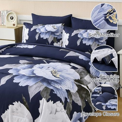 Dobuyly Navy Blue Full Size Comforter Set 7 Piece Bed in a Bag, Blue White Floral Comforter Set with Sheets, Soft Microfiber Botanical Flowers Complete Bedding Set for All Season