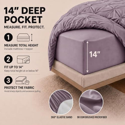 HIMEET King Size Comforter Set Dusty Purple - 7 Pieces Pintuck Bed in a Bag