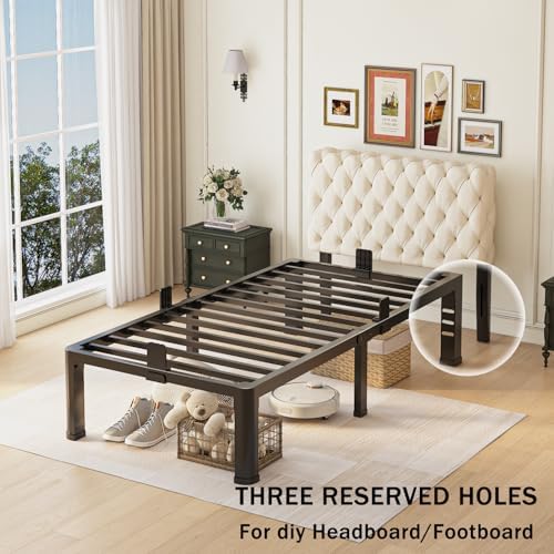 Yitong Angel 18 inch Twin Bed Frame with Rounded Corner Legs and Headboard Hole Mattress Slide Stopper 3500 LBS Heavy Duty Support Metal Platform,No Box Spring Needed, Noise Free, Easy Assembly