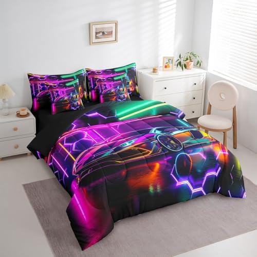 Feelyou Colorful Race Car Comforter Set with Sheets Twin Size Kids Speed Sports Car Honeycomb 7 Pieces Bedding Set for Boys Girls Teens Racing Car Bed in a Bag Breathable Extreme Sports Bed Set