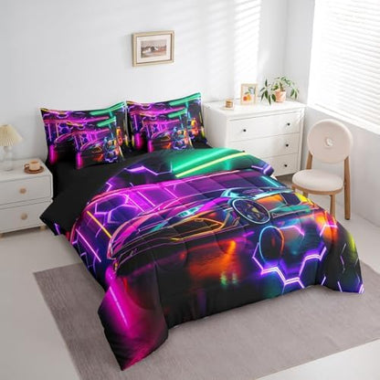 Feelyou Colorful Race Car Comforter Set with Sheets Twin Size Kids Speed Sports Car Honeycomb 7 Pieces Bedding Set for Boys Girls Teens Racing Car Bed in a Bag Breathable Extreme Sports Bed Set