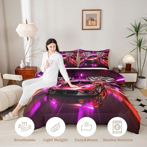 Feelyou Boys Race Car Comforter Set King Size Speed Sports Car Bedding Set for Kids Boys Girls Racing Extreme Sports Duvet Quilt Automobile Bedroom Decor Microfiber 3 Pcs with 2 Pillow Cases